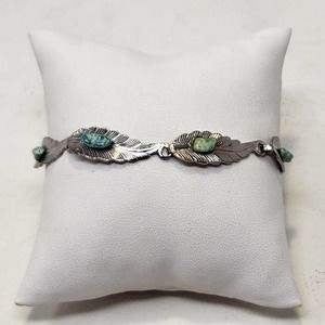 Silver Tone Leaf Panel Blue Stone Vintage Bracelet Southwestern Unisex Jewelry